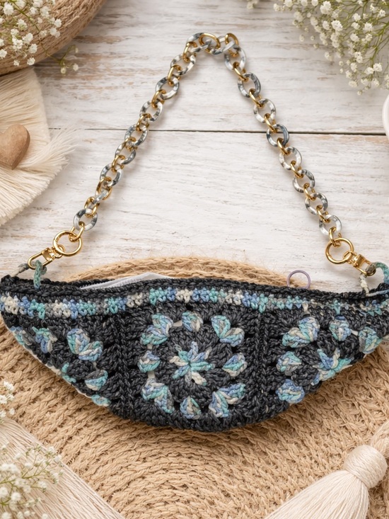 Handmade Handbags - Handmade Crochet Half-Moon Crossbody Bag in Charcoal & Aqua